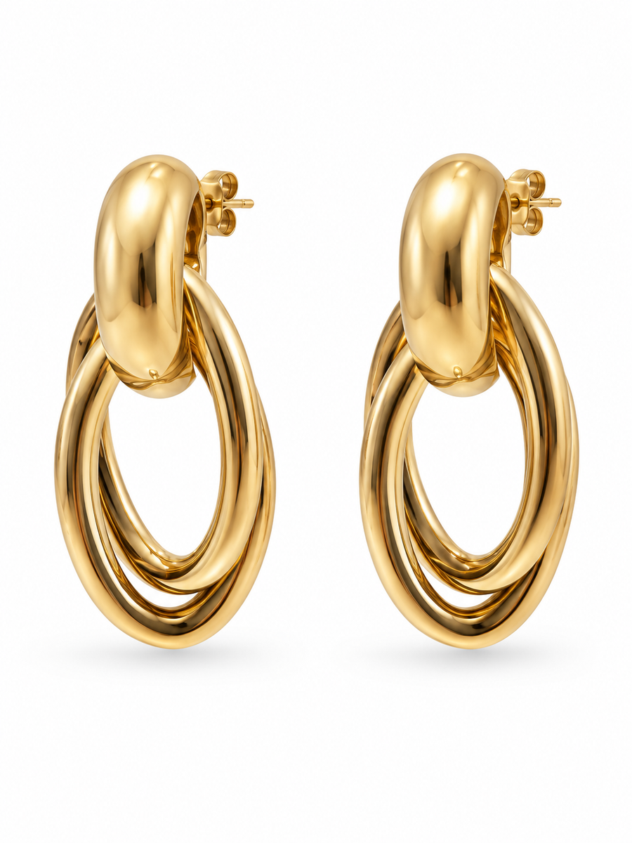 Boucles d’oreilles anneaux ovales entrelacés en acier inoxydable doré – 3,5 cm