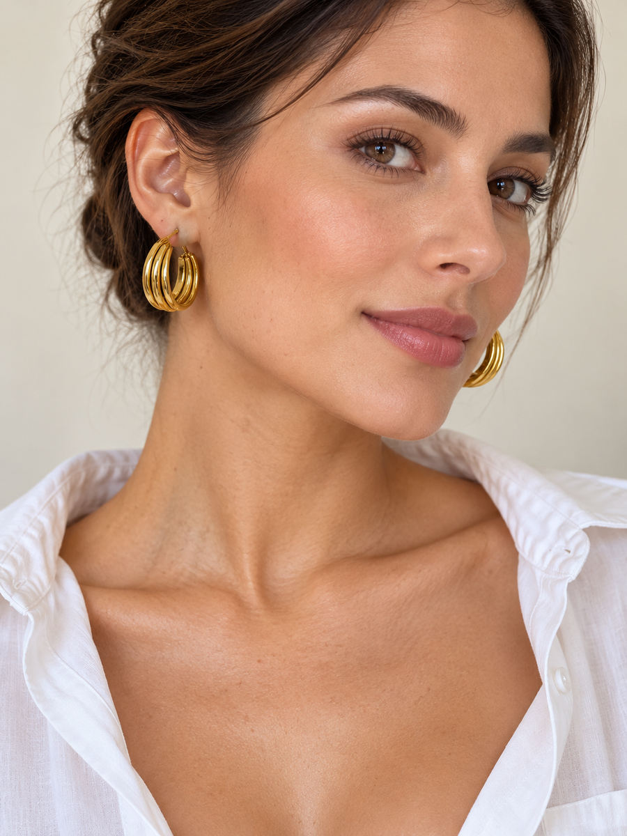 Boucles d'oreilles créoles multi-rangs dorées en acier inoxydable – 4 cm