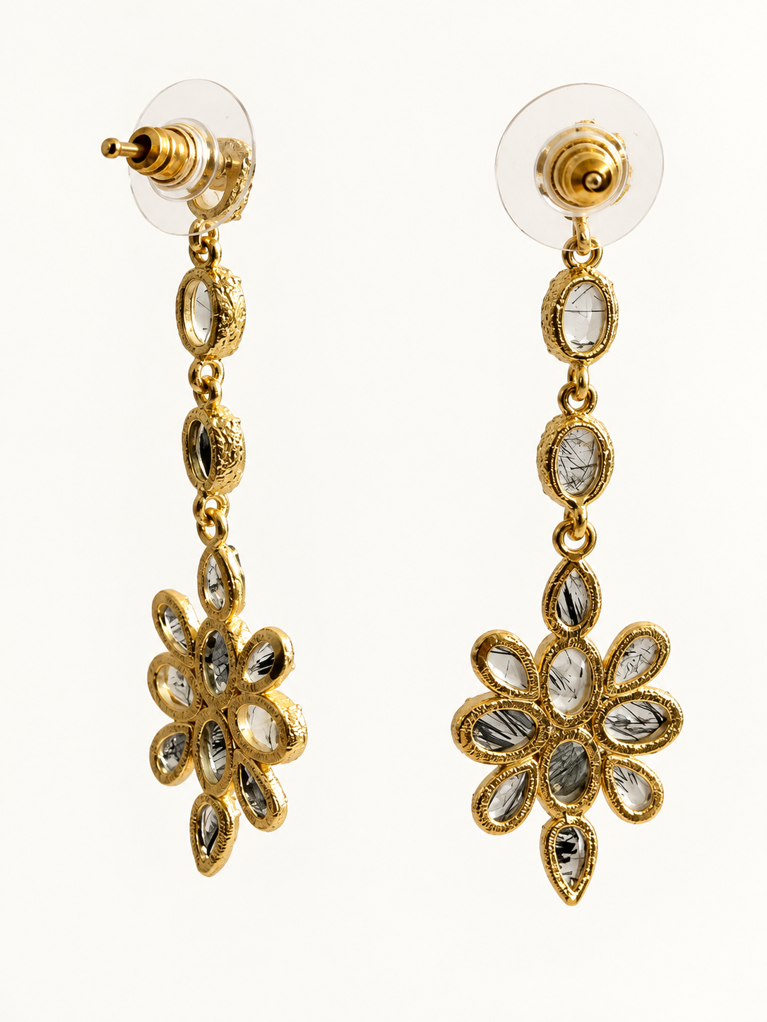 Boucles d’oreilles pendantes fleur en acier inoxydable doré – Gris et noir, 5,5 cm