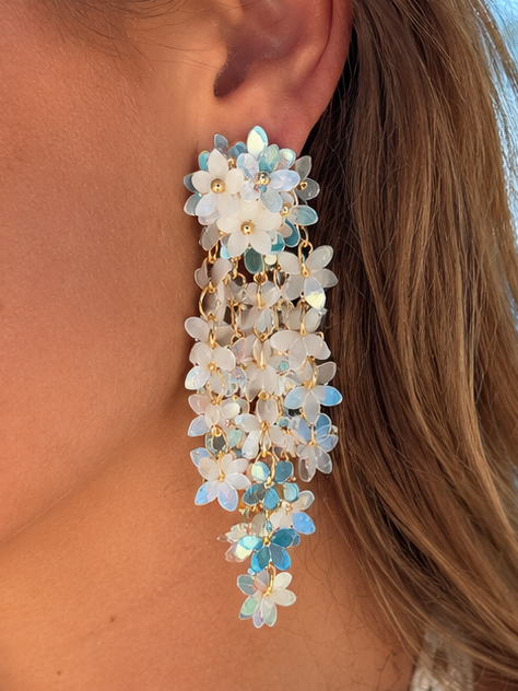 Boucles d’oreilles pendantes fleurs blanches et bleu ciel – Longueur 8 cm