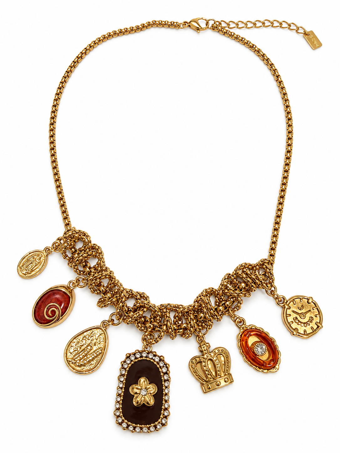 Collier doré à breloques et médaillon fleur brun en acier inoxydable