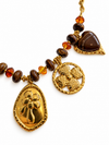 Collier doré à breloques fleuries et perles brunes en acier inoxydable