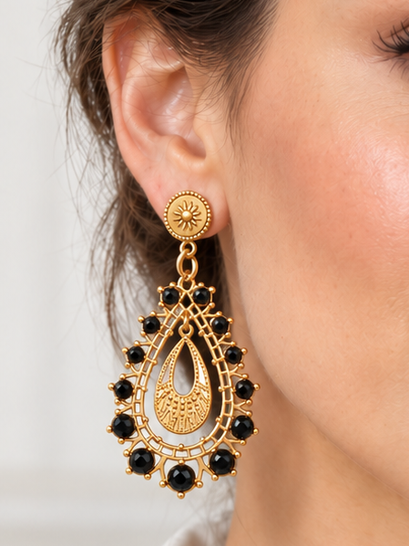 Boucles d’oreilles pendantes gouttes noires et dorées en acier inoxydable – 6 cm