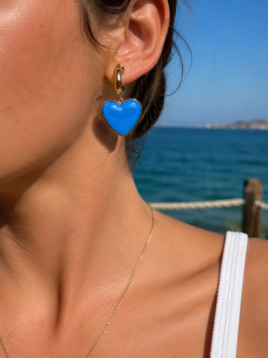 Boucles d’oreilles cœur bleu en acier inoxydable doré