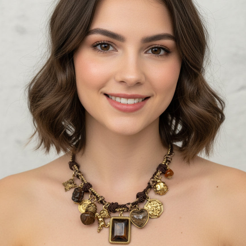 Collier vintage réglable avec breloques dorées et perles marron – Style bohème chic