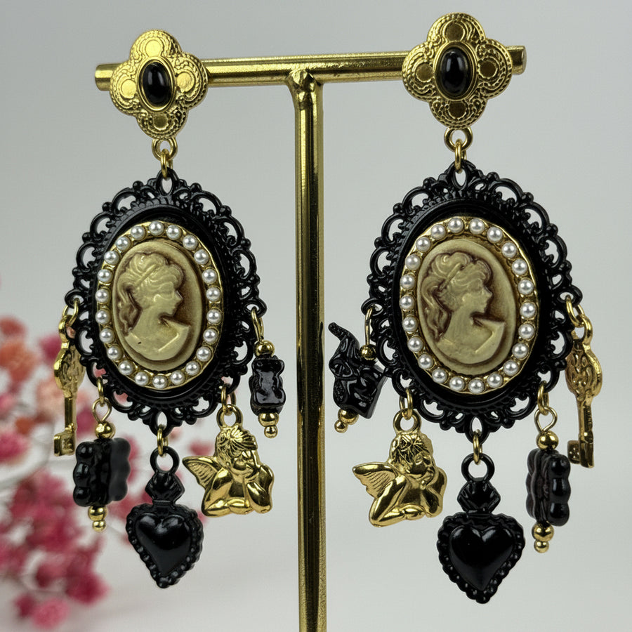 Boucles d’oreilles camée baroques acier inoxydable – Noir & Or