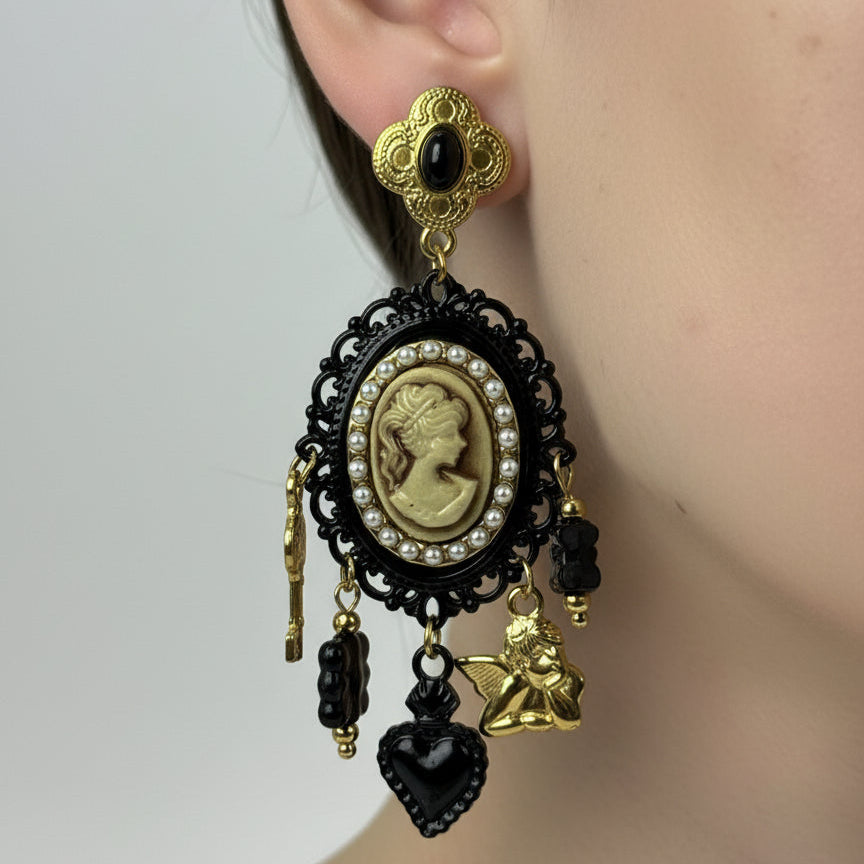 Boucles d’oreilles camée baroques acier inoxydable – Noir & Or