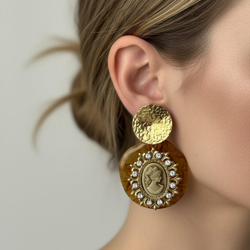 Boucles d’oreilles camée acier inoxydable doré – Style vintage chic