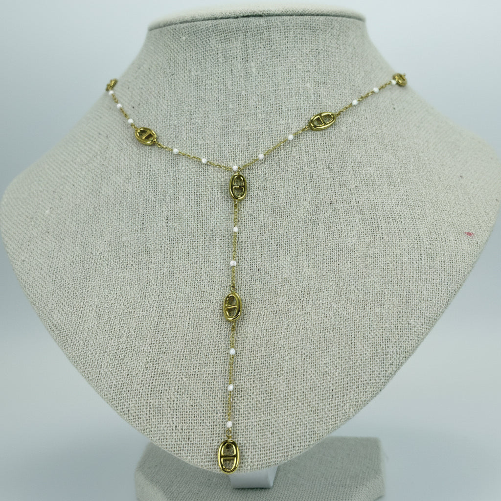 Collier réglable en acier inoxydable – Chaîne d’ancre dorée avec perles blanches