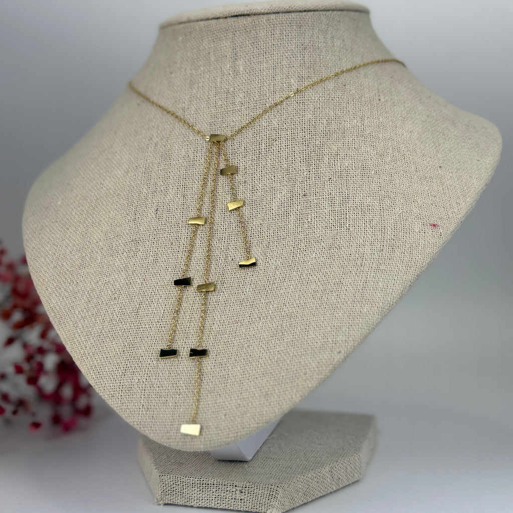 Collier Y (lariat) réglable en acier inoxydable – Chaîne fine dorée avec pendants rectangles.