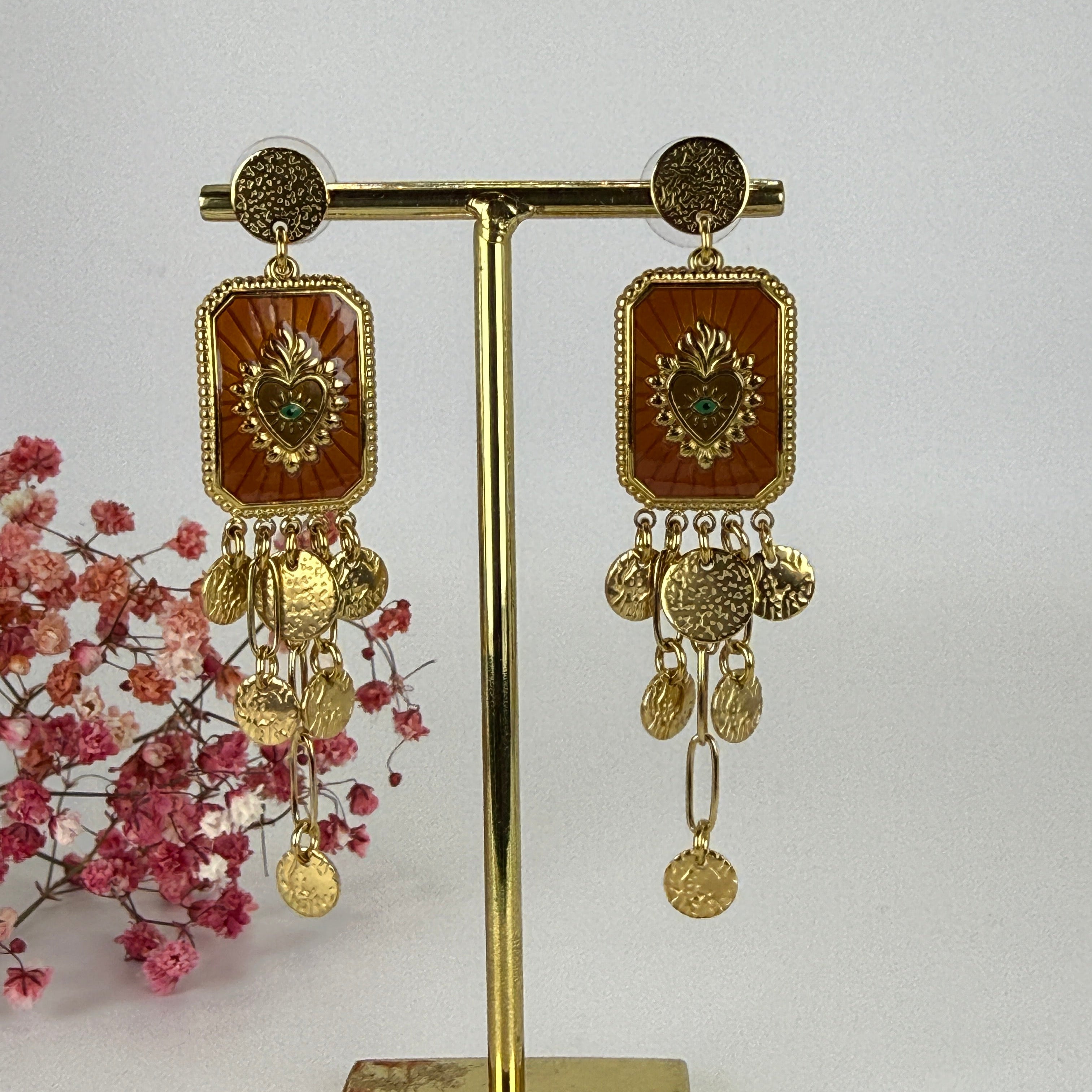 Boucles d’oreilles dorées en acier inoxydable – Style vintage médaillon et pampilles
