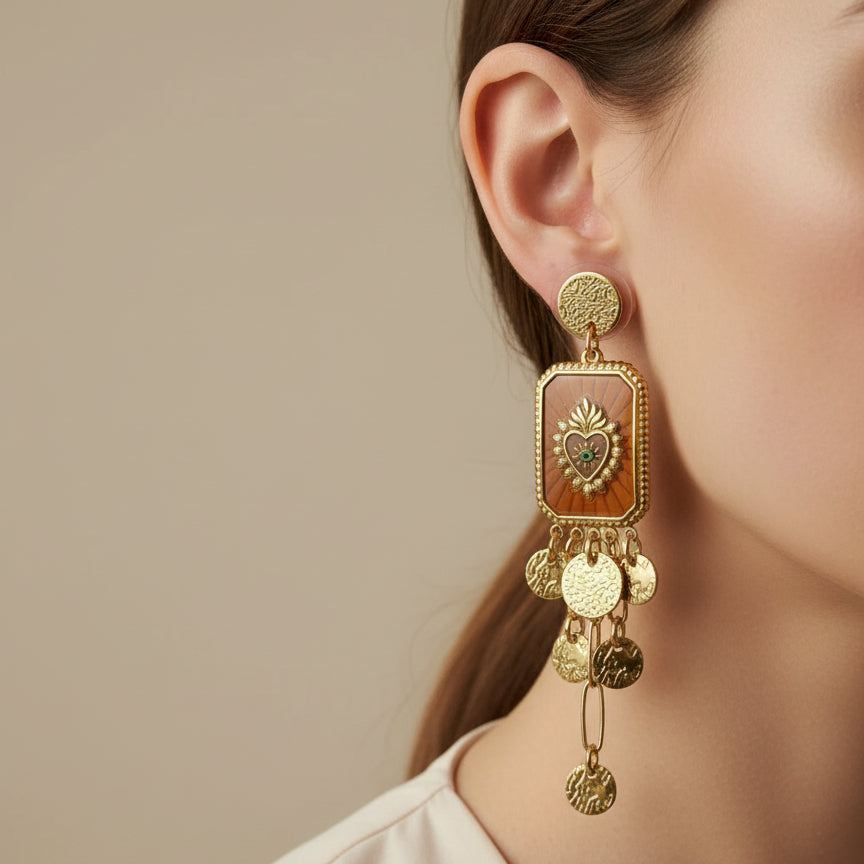Boucles d’oreilles dorées en acier inoxydable – Style vintage médaillon et pampilles