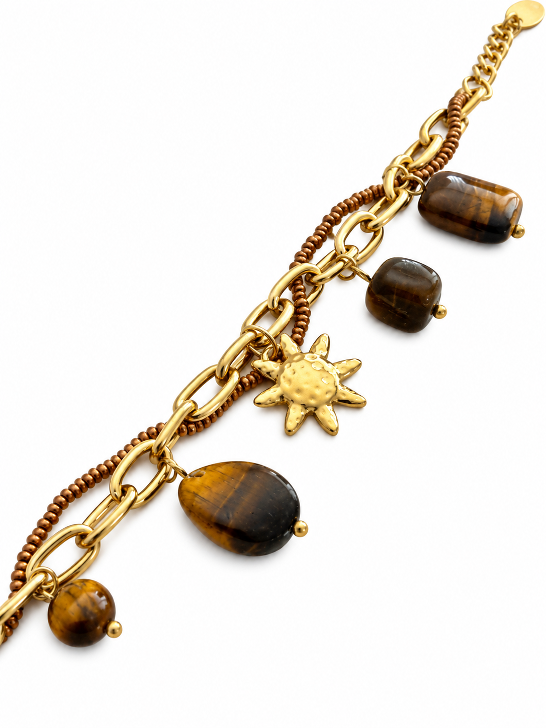 Bracelet soleil et pendentifs bruns en acier inoxydable doré – 17 + 3 cm