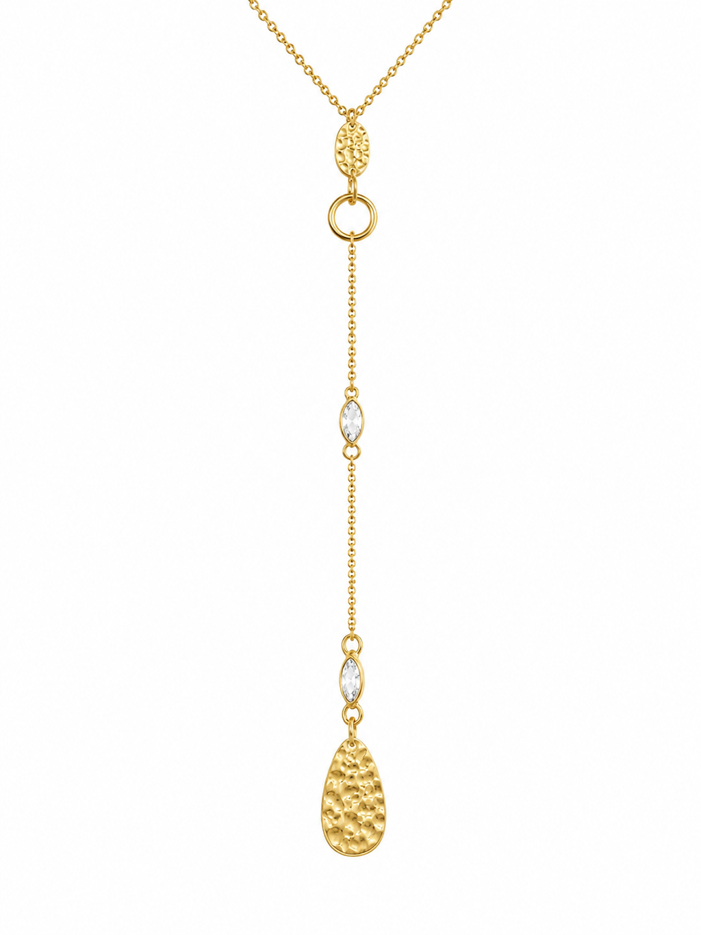 Collier Y doré martelées et détails cristaux - acier inoxydable – pendentif martelé &amp; cristaux