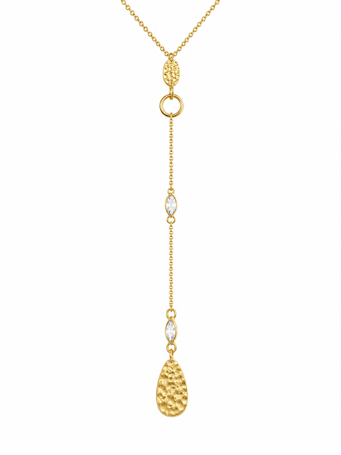 Collier Y doré martelées et détails cristaux - acier inoxydable – pendentif martelé &amp; cristaux