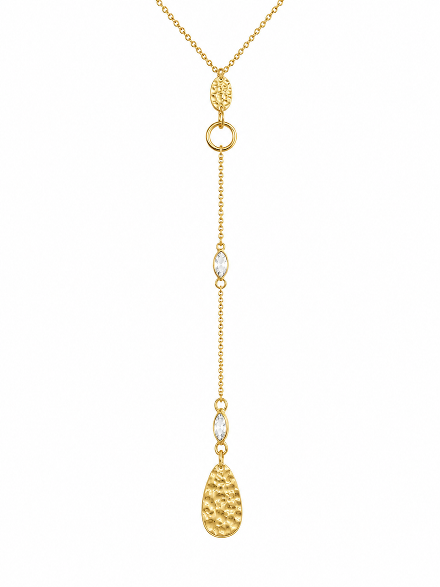 Collier Y doré martelées et détails cristaux - acier inoxydable – pendentif martelé &amp; cristaux