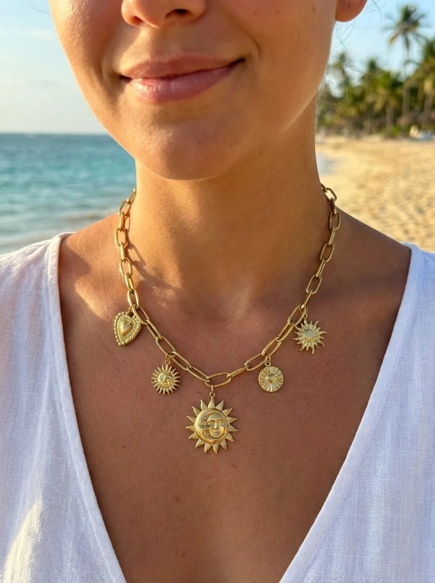 Collier Chaîne Maillon Dorée Breloques Soleils | Acier Inoxydable