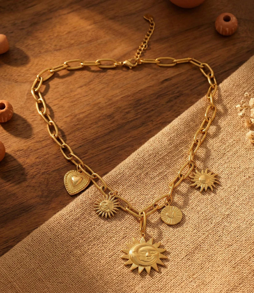 Collier Chaîne Maillon Dorée Breloques Soleils | Acier Inoxydable
