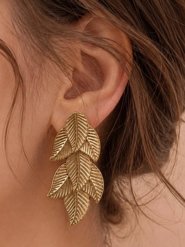 Boucles d’oreilles feuilles dorées en acier inoxydable – 4 cm