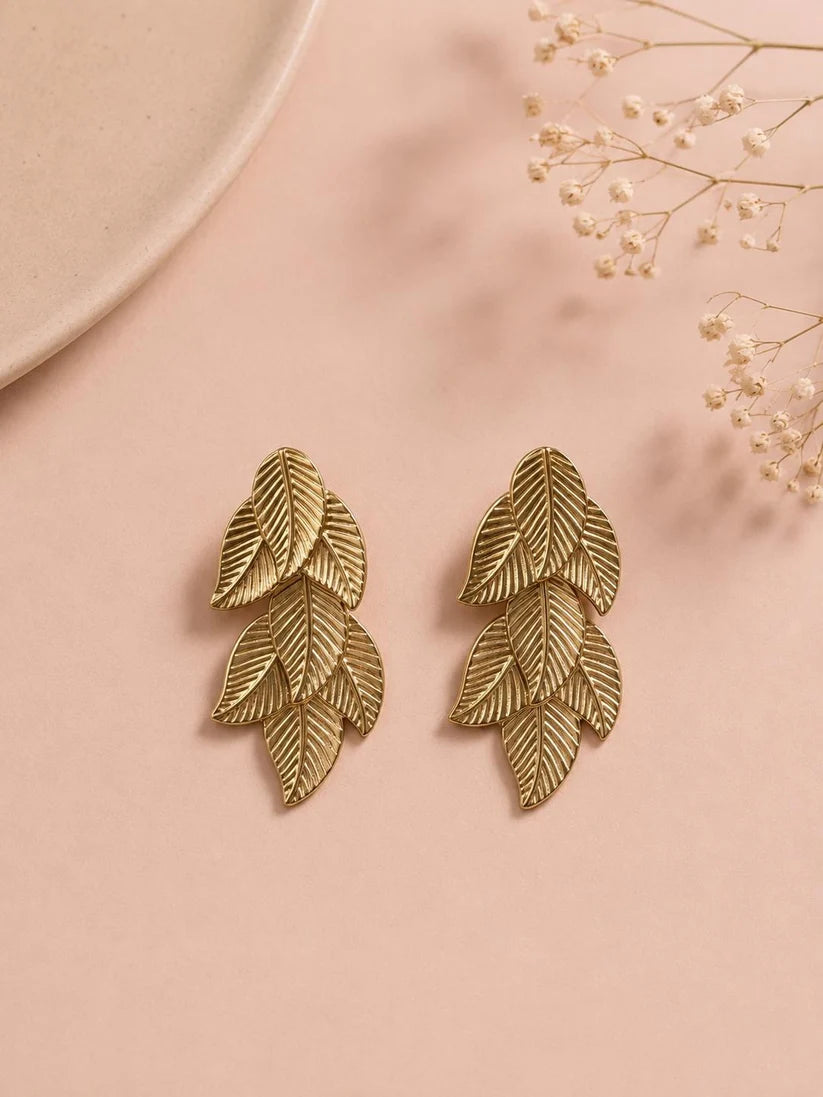 Boucles d’oreilles feuilles dorées en acier inoxydable – 4 cm