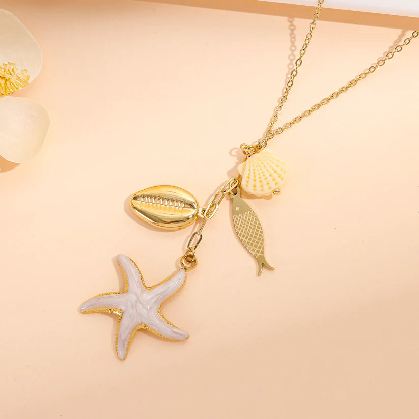 Collier Doré Pendentif Étoile de Mer & Coquillages | Acier Inox