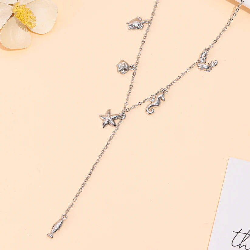 Collier Y charms marins argenté en acier inoxydable