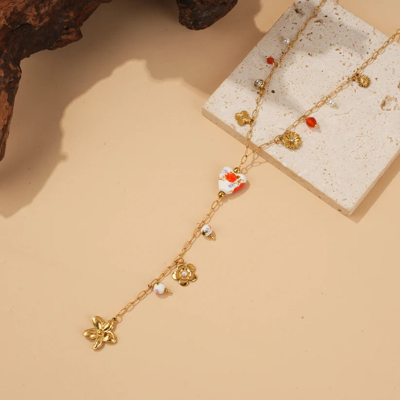 Collier Doré en Y Porcelaine Fleurie & Charms Fleurs | Acier Inox