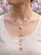Collier Doré en Y Porcelaine Fleurie & Charms Fleurs | Acier Inox