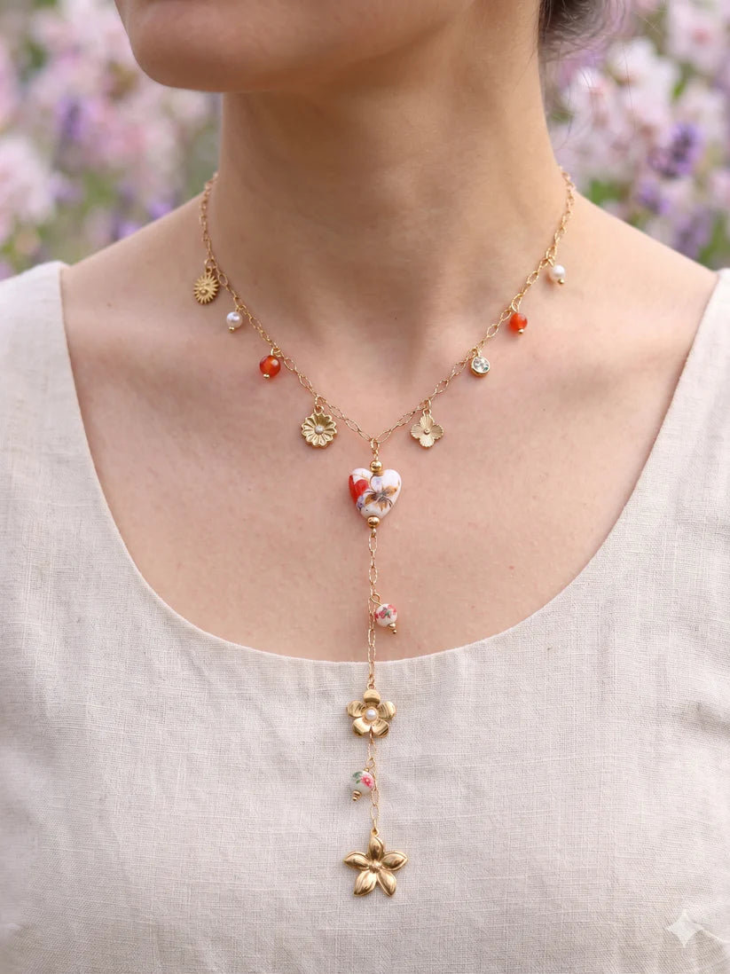 Collier Doré en Y Porcelaine Fleurie & Charms Fleurs | Acier Inox