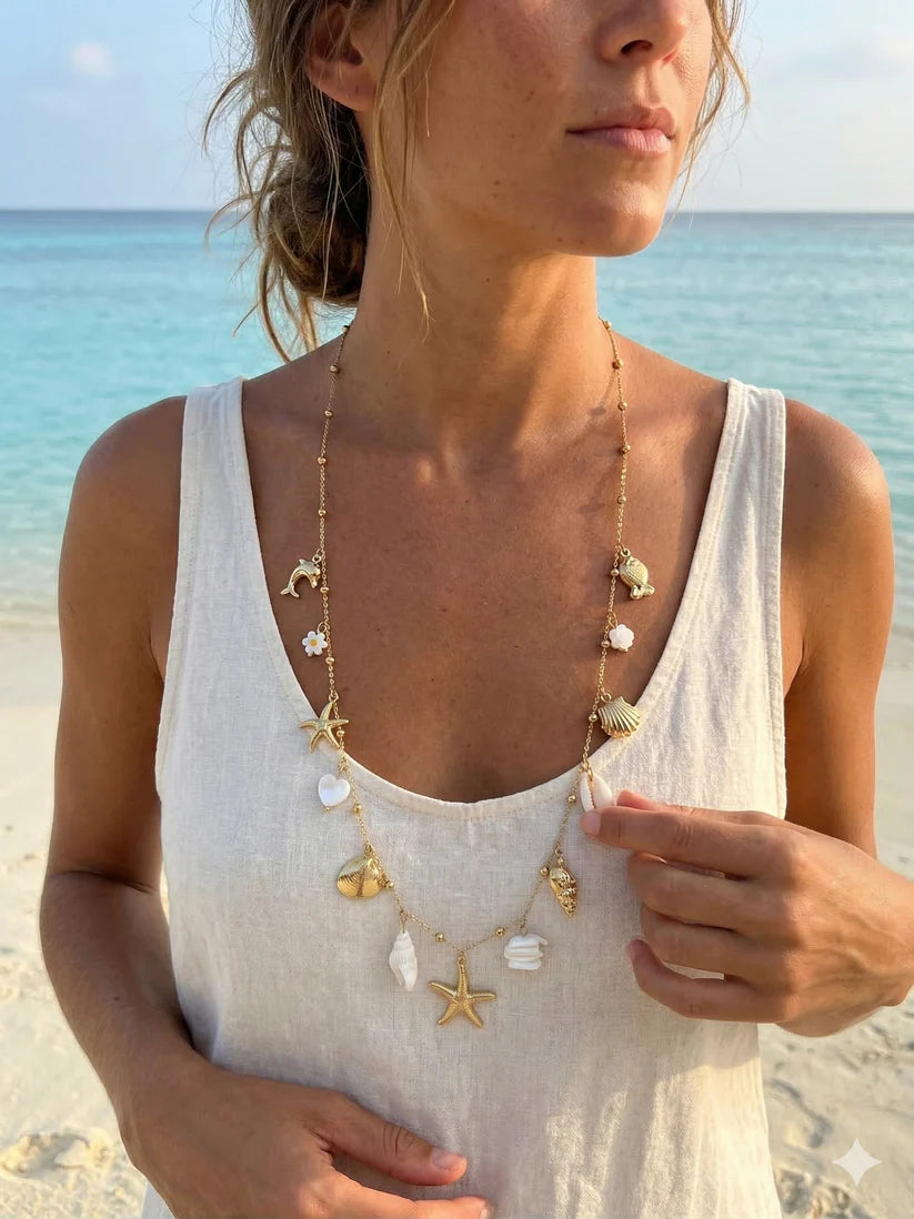 Collier sautoir doré charms coquillages et étoile de mer – acier inox