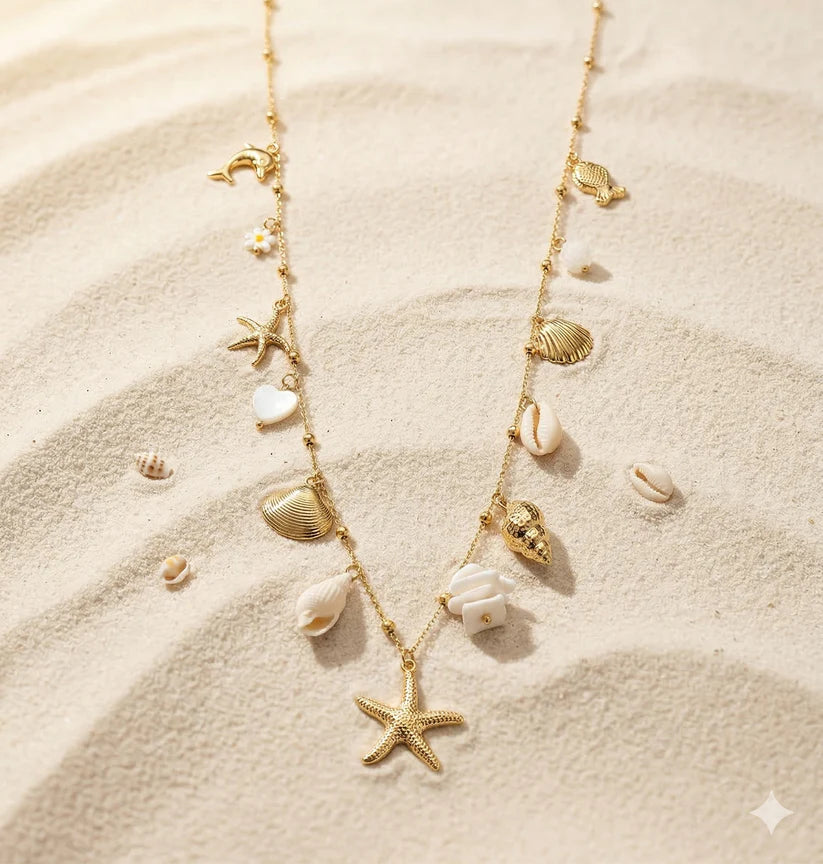 Collier sautoir doré charms coquillages et étoile de mer – acier inox
