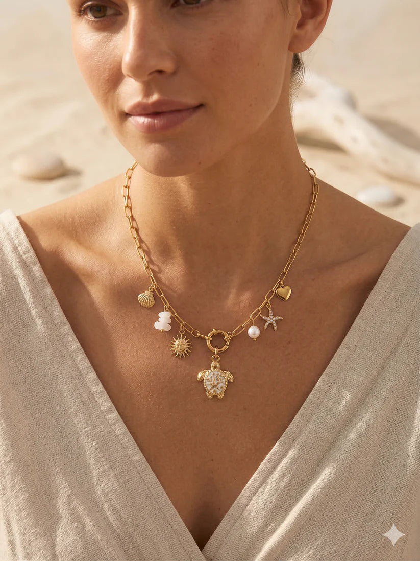 Collier Doré Charms Marins Pendentif Tortue | Acier Inoxydable