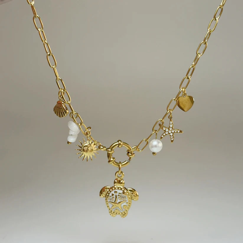 Collier Doré Charms Marins Pendentif Tortue | Acier Inoxydable