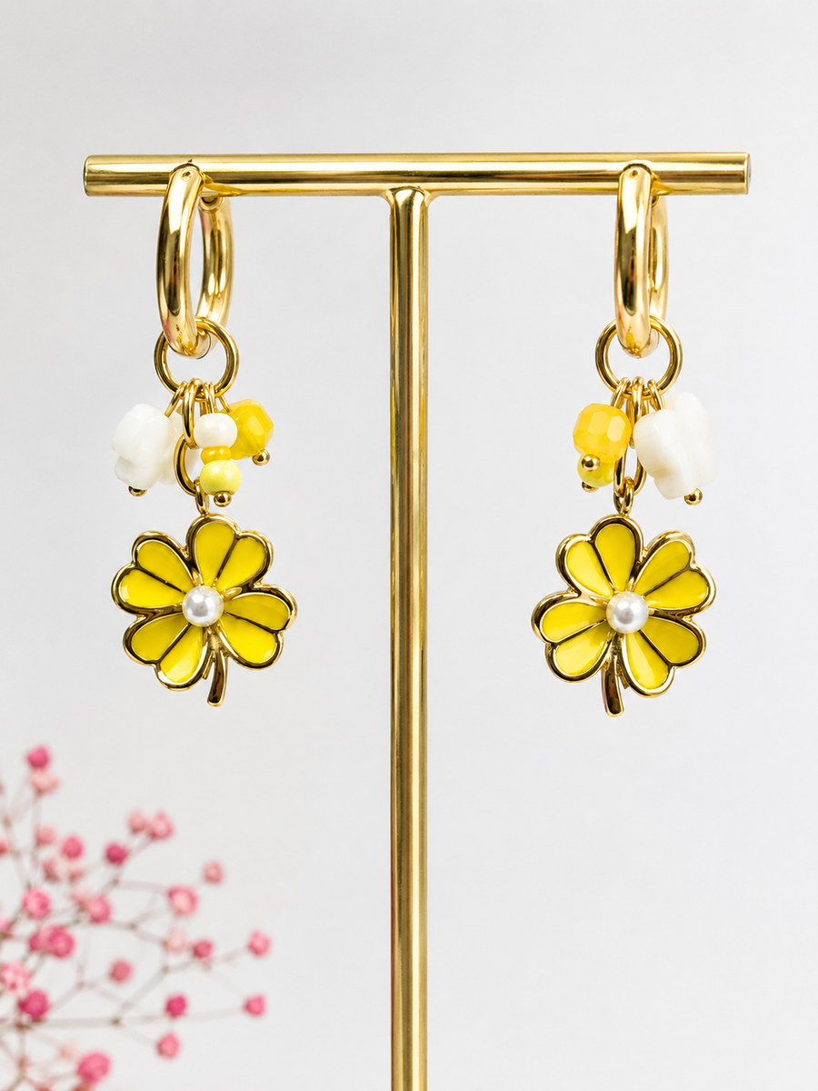 Boucles d’oreilles fleur jaune pendantes – Acier inoxydable doré
