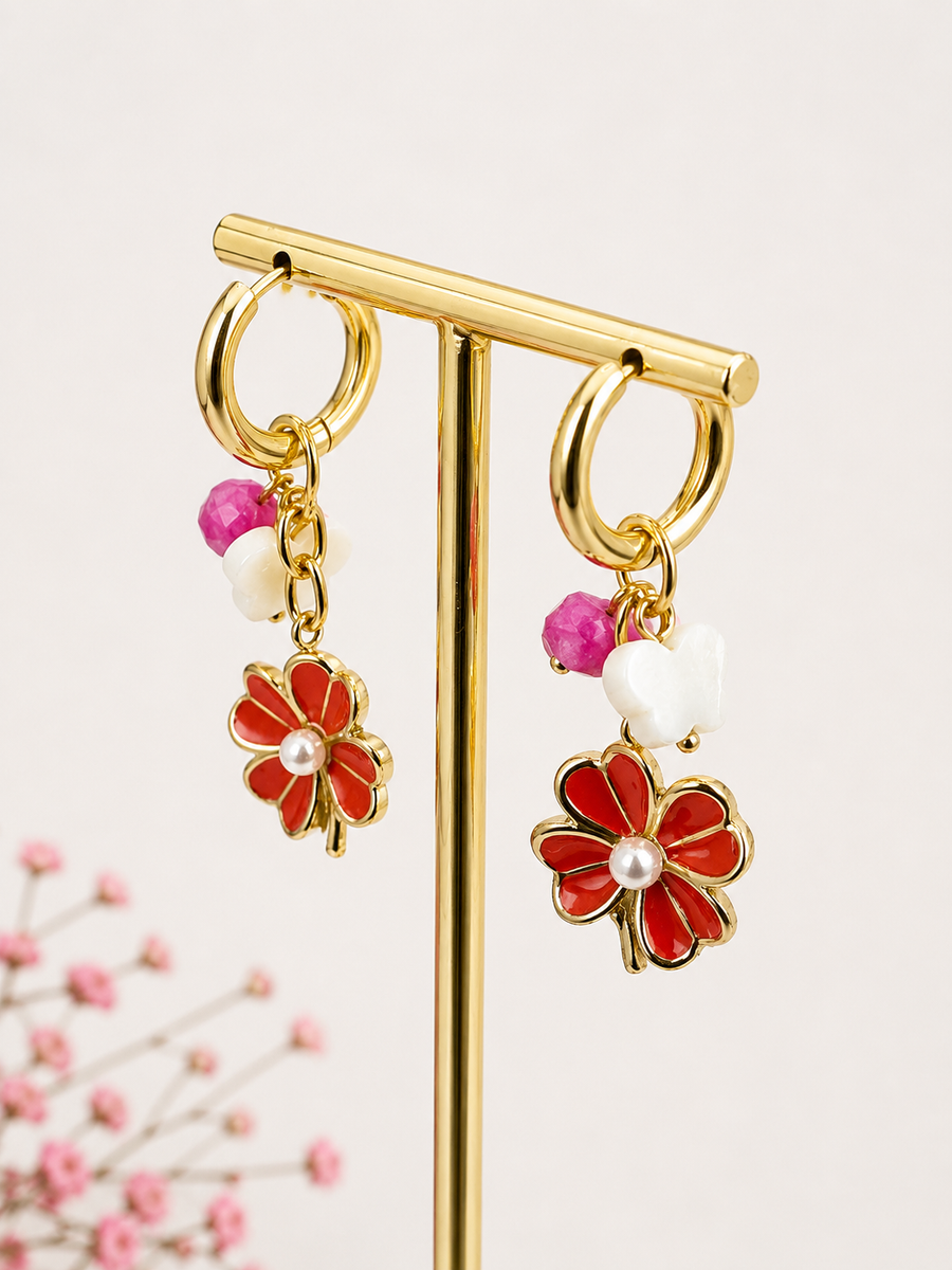 Boucles d’oreilles fleur rouge et perles – Acier inoxydable doré