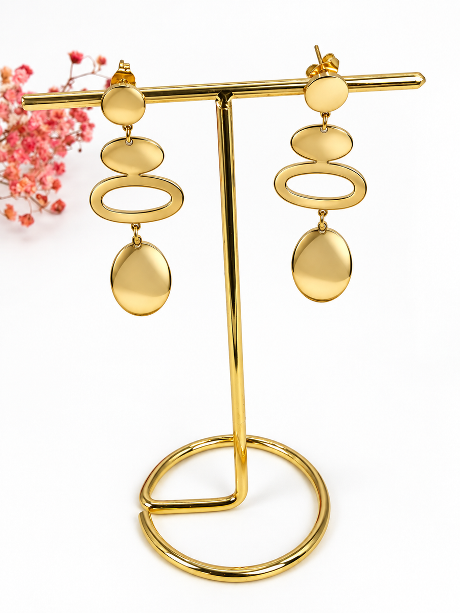Boucles d’oreilles pendantes ovales dorées – Acier inoxydable