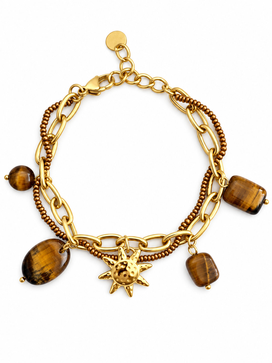 Bracelet soleil et pendentifs bruns en acier inoxydable doré – 17 + 3 cm