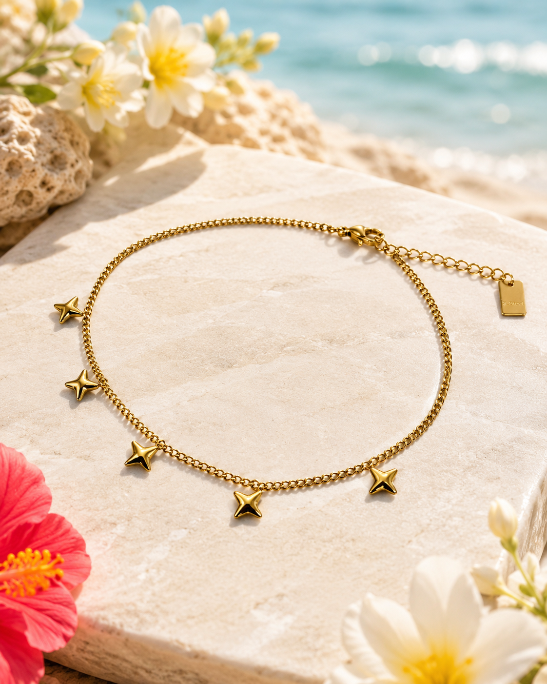Bracelet de cheville doré ajustable avec étoiles
