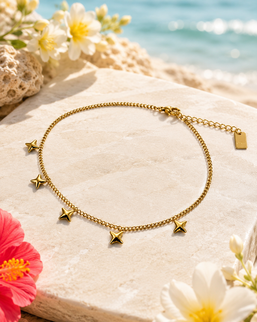 Bracelet de cheville doré ajustable avec étoiles