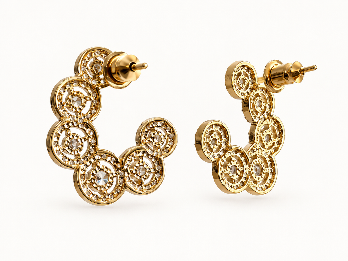 Boucles d’oreilles Créoles ouvertes dorées à motifs ronds oxyde de zirconium en acier inoxydable – 2 cm