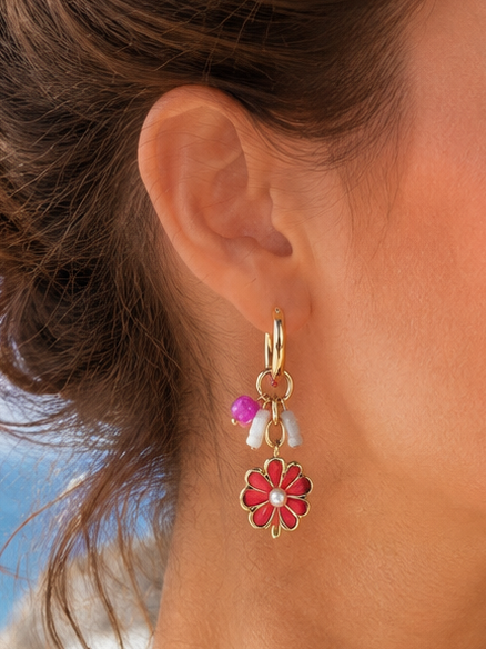 Boucles d’oreilles fleur rouge et perles – Acier inoxydable doré