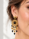 Boucles d’oreilles pendantes rosaces et pampilles noires en acier inoxydable doré – 6,5 cm