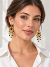 Boucles d’oreilles pendantes rosaces et pampilles noires en acier inoxydable doré – 6,5 cm