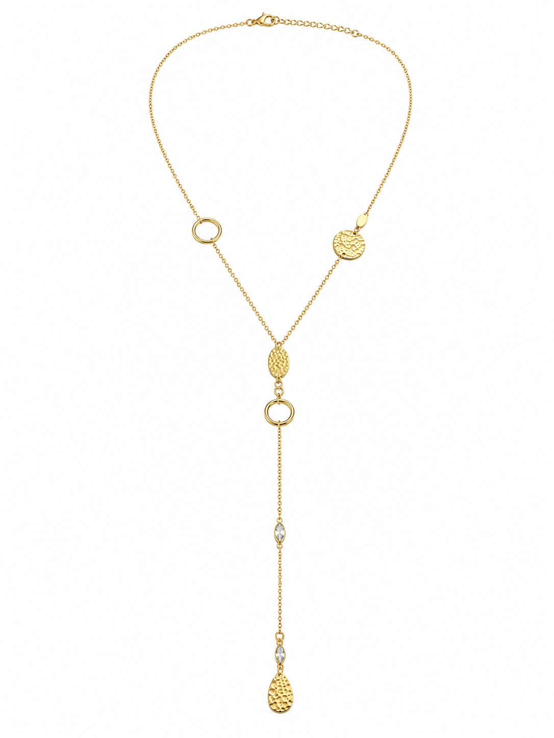 Collier Y doré martelées et détails cristaux - acier inoxydable – pendentif martelé &amp; cristaux