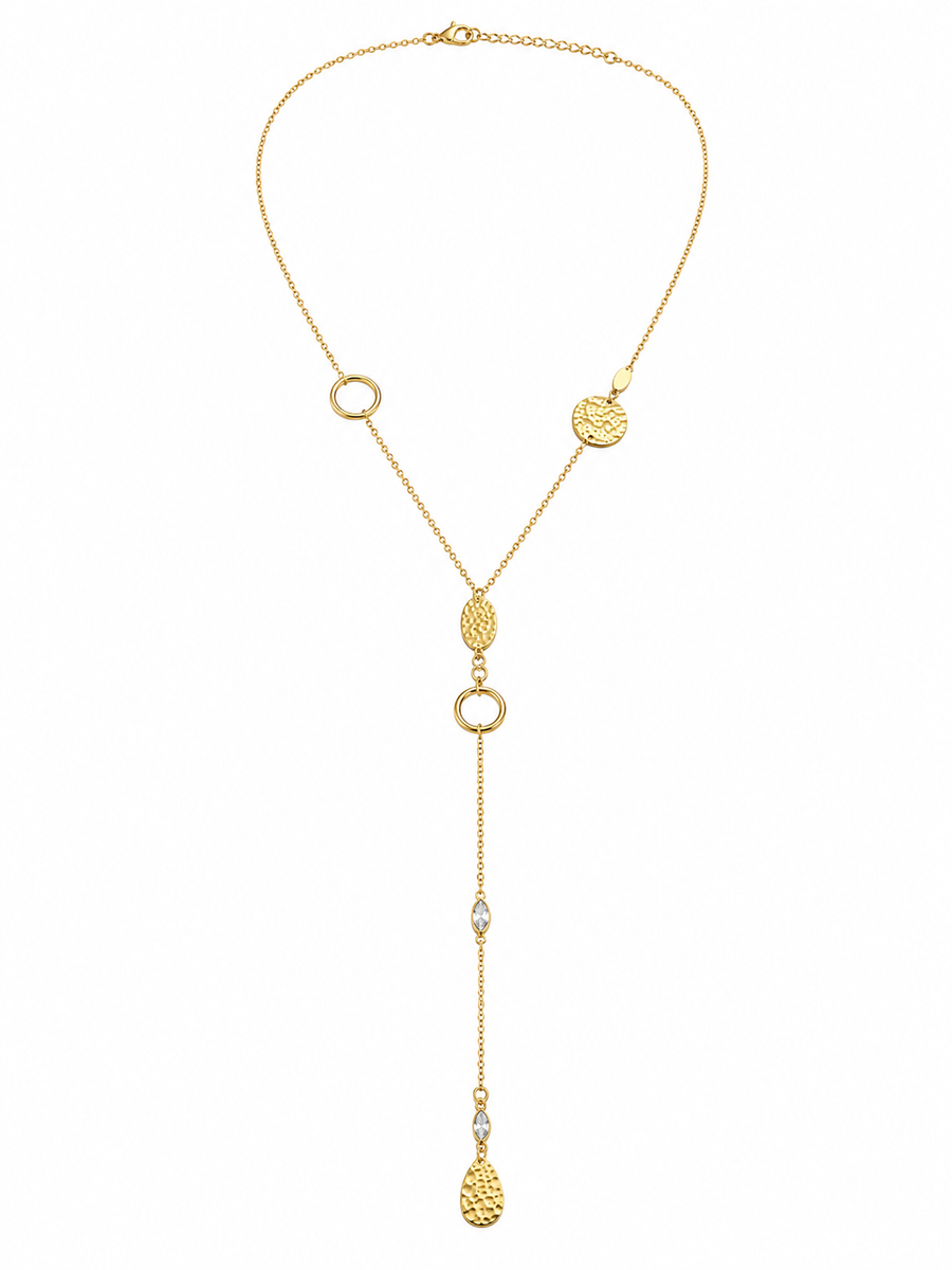 Collier Y doré martelées et détails cristaux - acier inoxydable – pendentif martelé &amp; cristaux