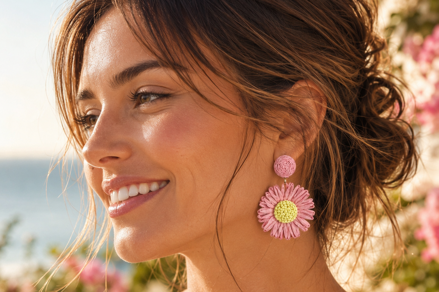 Boucles d’oreilles fleur rose et jaune diamètre 4cm – Douceur bohème et élégance estivale 🌸☀️