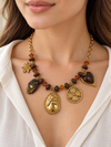 Collier doré à breloques fleuries et perles brunes en acier inoxydable