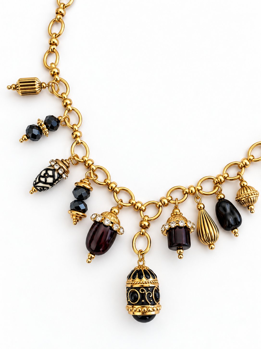 Collier à breloques noir et doré en acier inoxydable - 42 cm
