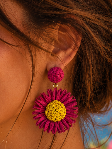 Boucles d'oreilles fleur fuchsia et jaune – bohème chic