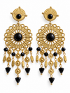 Boucles d’oreilles pendantes rosaces et pampilles noires en acier inoxydable doré – 6,5 cm